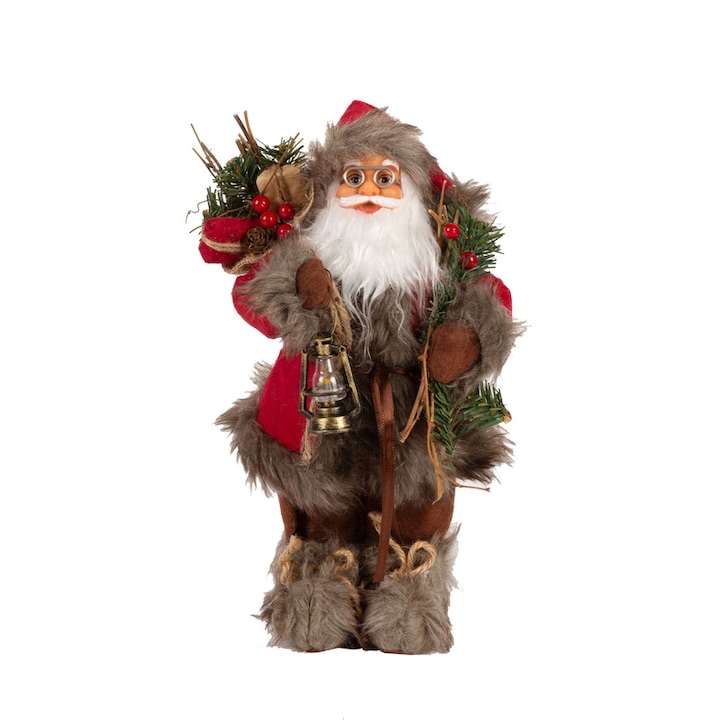 Фигурка на Дядо Коледа, червен фенер и раница, кафяво/червено