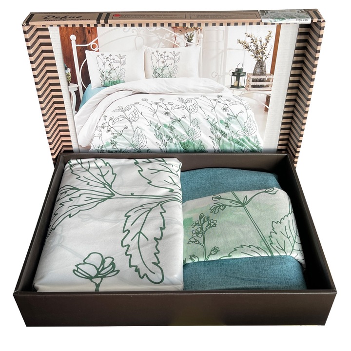 Lenjerie pat dubla, 4 piese, 220cm x 240cm, Alb cu Flori Verzi LB70AV4FL