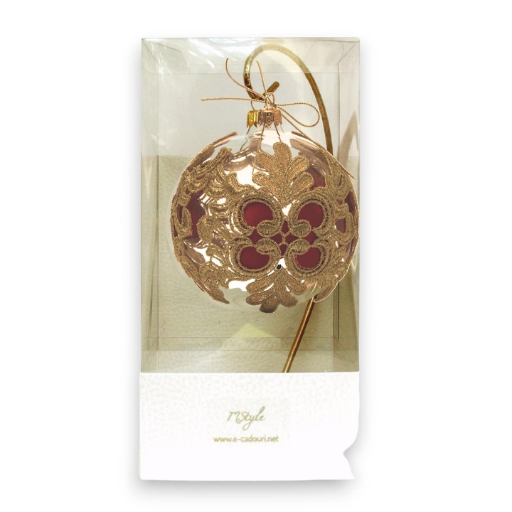 Glob sticla 10 cm elegant, design Minina, decorat cu dantela aurie aspect metalizat, pe stativ metalic, in cutie alba cu fereastra transparenta