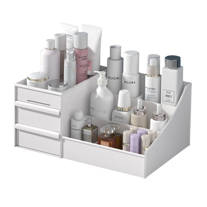 Organizator make-up Fabra®, pentru cosmetice, skincare, cu sertare, alb, 26x17x12 cm