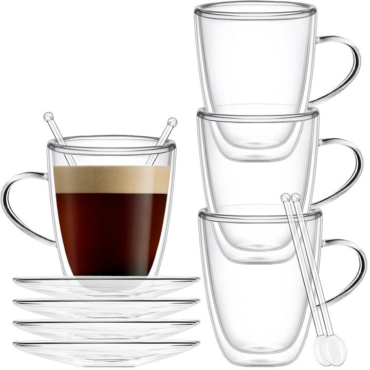 Quasar & Co., csésze, teáskanállal és csészealj készlet, Kávéhoz, Dupla falú üveg, 350 ml, Hőálló, Átlátszó, 4 db