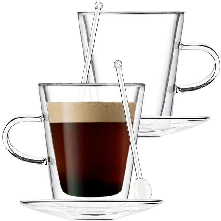 Quasar & Co., csésze, teáskanállal és csészealj készlet, Kávéhoz, Dupla falú üveg, 250 ml, Hőálló, Átlátszó, 2 db