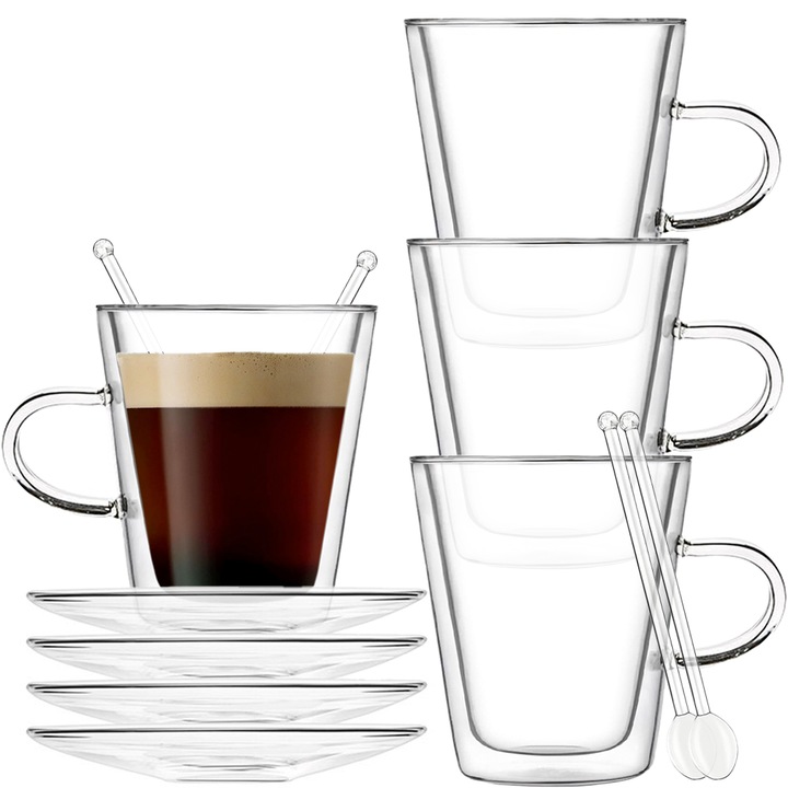 Quasar & Co., csésze, teáskanállal és csészealj készlet, Kávéhoz, Dupla falú üveg, 250 ml, Hőálló, Átlátszó, 4 db