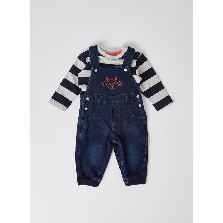 Set 2 piese bebe baiat Babybol, salopeta blugi cu tricou, 3 luni, 62 cm