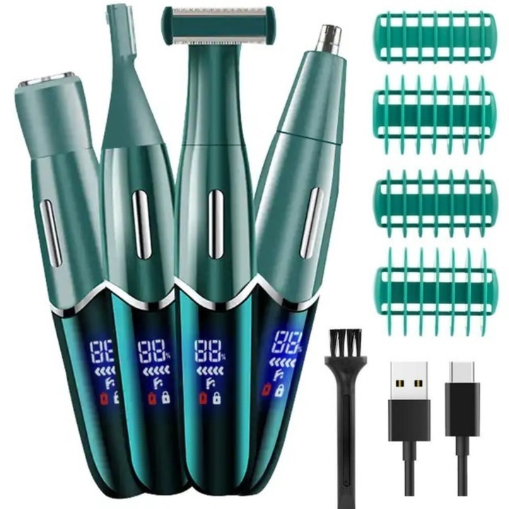 Aparat de Ras, Tuns Barba si Parul Corporal INTEXXA®, 4 in 1, Trimmer Nas Si Urechi, Rezistent La Apa, Portabil, Acumulator 600mAh, 4 piepteni, Afisaj Digital cu Indicator Nivel Acumulator, Verde