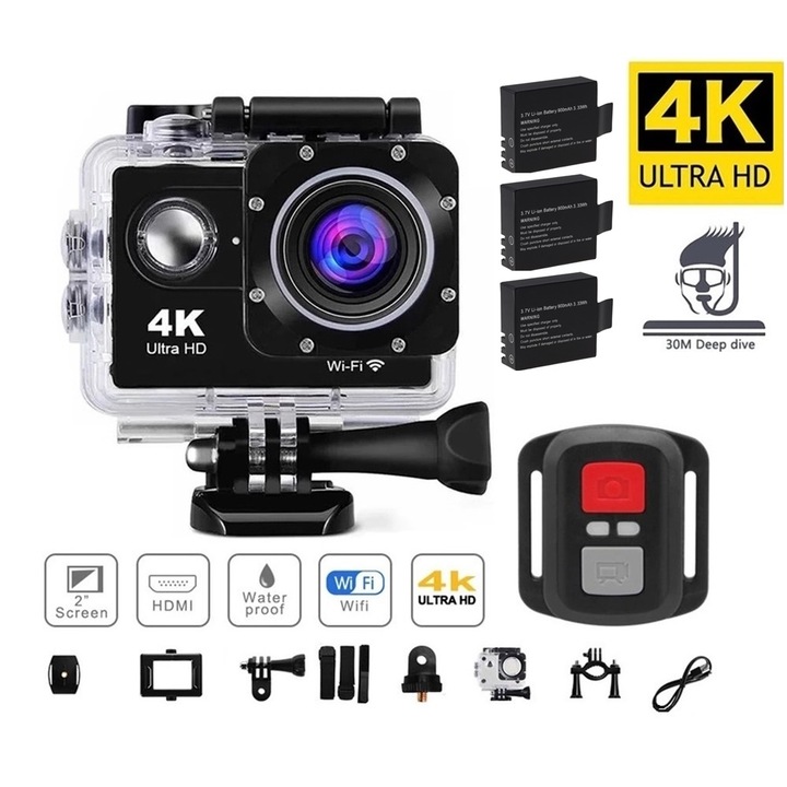 Спортна екшън камера 1TECH GoPlus CamPro, Три батерии, WIFI, 170 градуса, HDMI, Аксесоари, Водоустойчивост, Черен