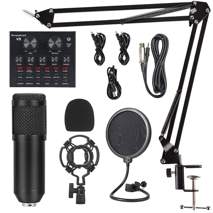 Microfon Profesional de studio Condenser BM800, Sundiguer, Cardioid, Cu suport metalic pentru podcast, Streaming, Gaming, Karaoke, Negru