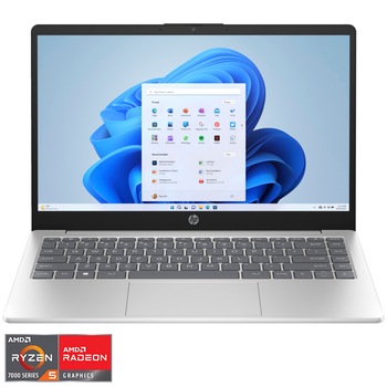 Laptop HP 14-em0004nq cu procesor AMD Ryzen 5 7520U pana la 4.30 GHz, 14", Full HD, 16GB, 1TB SSD, AMD Radeon Graphics, Windows 11 Home, Natural Silver
