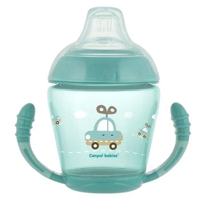 Cana anticurgere cu manere si cioc din silicon moale 230 ml Canpol Babies 56/502, Turcoaz 6-9 luni 9-12 luni 14+