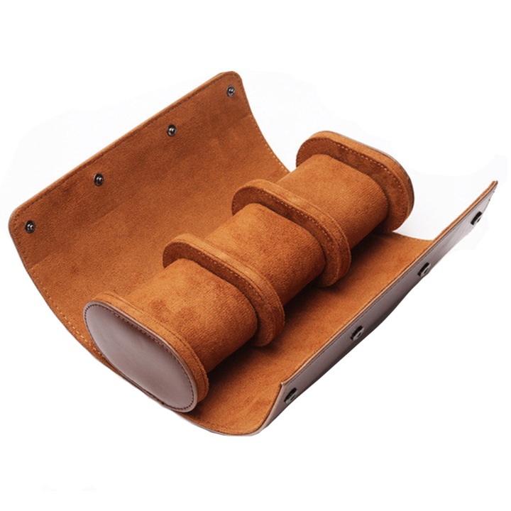 Cutie caseta depozitare si organizare 3 ceasuri, Piele, inchidere cu nasturi, convenabil, poate fi transportat in timpul calatoriilor, Vaxiuja, maro