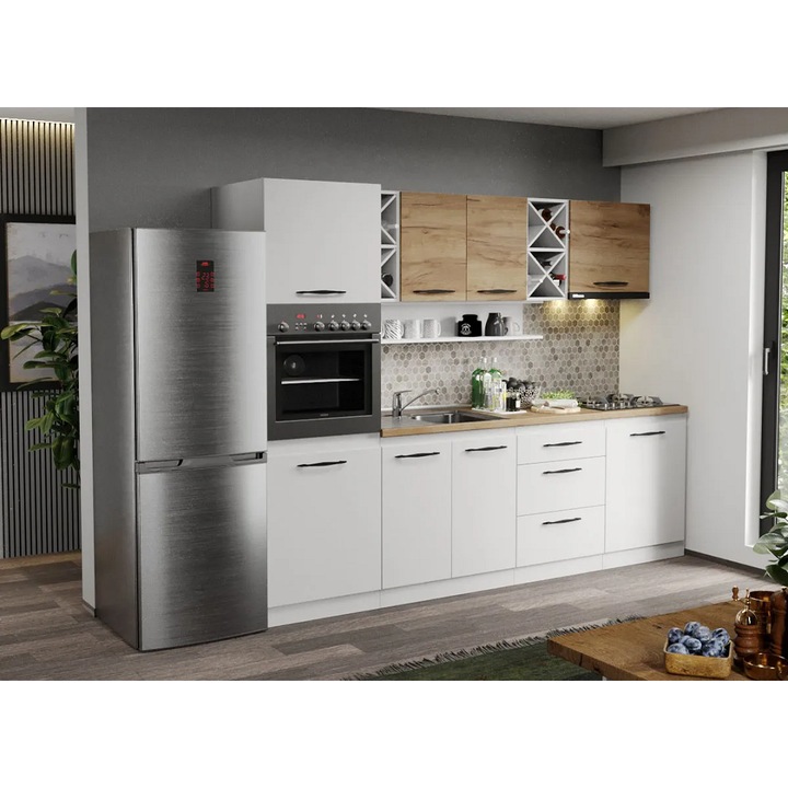 Mobila Bucatarie, alba cu Stejar Auriu, Aroma, 14, 260 cm, Blat 38mm Termorezistent