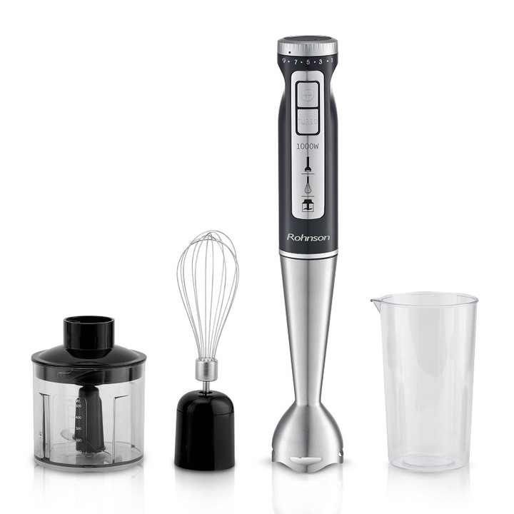 Пасатор Rohnson R-5794, 1000W, Чопър 500 мл, Купа 700 мл, Бъркалка, Нож с титаниево покритие, Черен/Сребрист