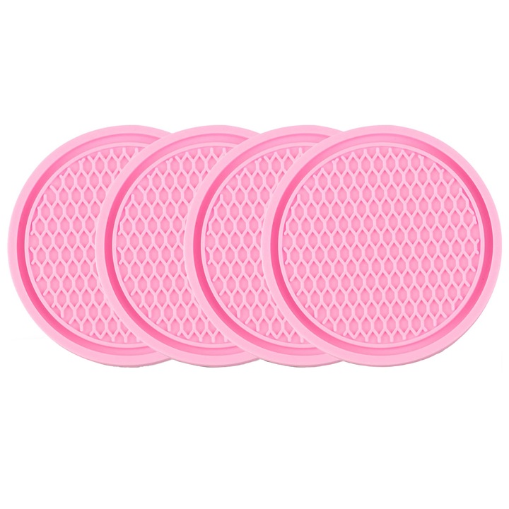 Set 4 suporturi/coastere pahare, Chucai, Usor de curatat, impermeabil si rezistent, PVC, 7 x 7 x 0.6 cm, Roz