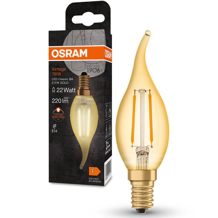 Декоративна LED крушка Osram Vintage 1906 GOLD, E14, 2.5W (22W), 220 lm, топла светлина (2400K), енергиен клас F