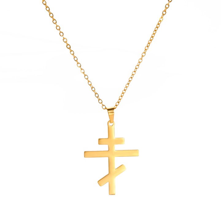 Колие с висулка, модел православен кръст, неръждаема стомана, злато