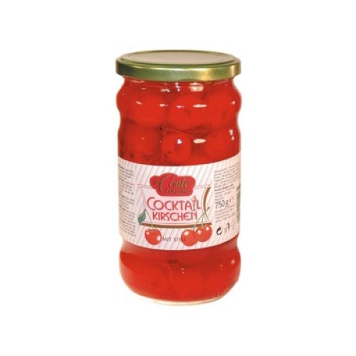 Cirese cocktail cu codita Il Conte 750g, sterilizate, din Italia, ambalaj sticla
