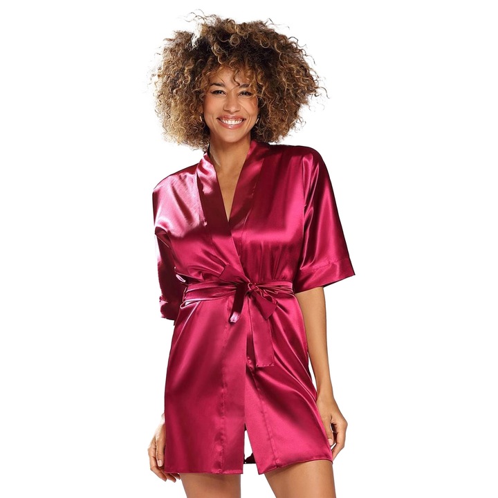 Halat de baie dama, DKaren, Satin, Rosu, XL