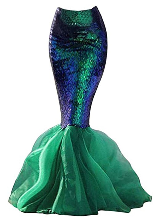 Fusta tip coada sirena pentru costum Halloween, Iongziming, Poliester, Paiete decorative, Verde/Albastru, M
