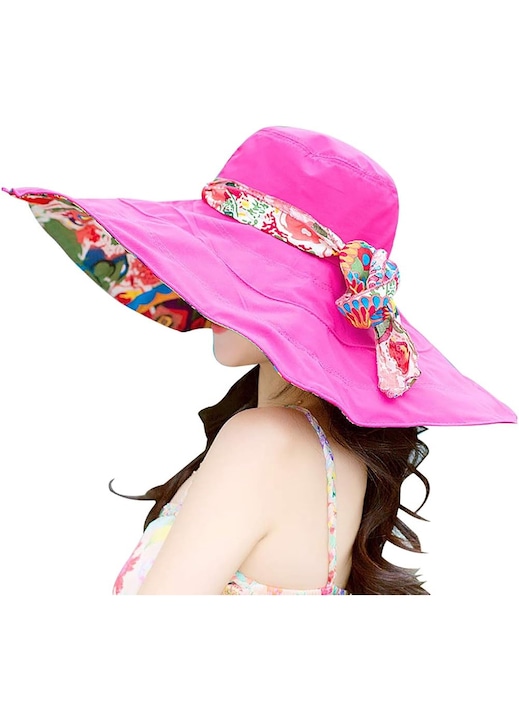 QttvbTna napozó kalap, kifordítható, UV védelem, összecsukható, rózsaszín virágos
