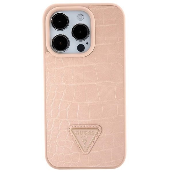 GUESS tok IPHONE 13 / 14 / 15 készülékhez GUHCP15SPCRTHCP (Croco háromszög fém logó) rózsaszínű