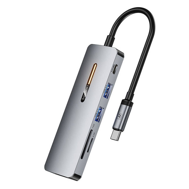 Докинг станция 6 в 1, Toocki, Type-C, 100W, 5 Gbps, 5V-20V, Сива