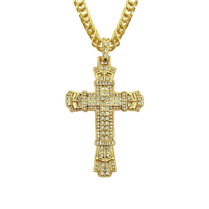 Lantisor Cuban Chain cu pandantiv Iced Out in forma cruce, model byzantine, pietre zirconiu, placat cu aur 18K, Tessero, auriu