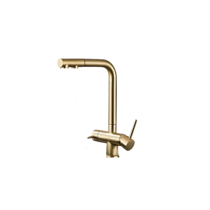 3-пътен кухненски кран за пречистена вода с изтеглящ се душ и 2 функции, златист мат, AquaSpa