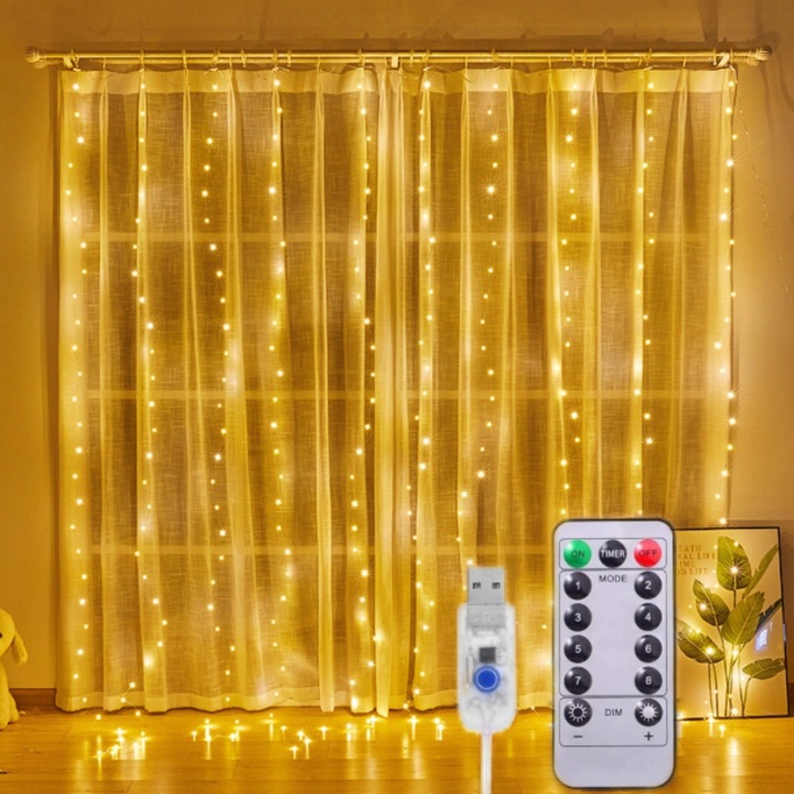 Függöny típusú karácsonyi fény 3x3m, 300LED, 8 program, USB-vel és távirányítóval, meleg fehér, BZRSH