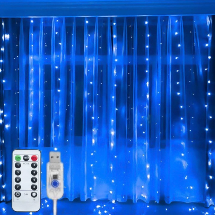 BZRSH karácsonyi fényfűzér, 3x3m, 300LED, 8 program, USB-vel és távirányítóval, kék