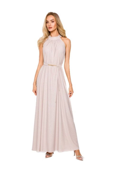 Rochie maxi evazata cu curea aurie, Poliester