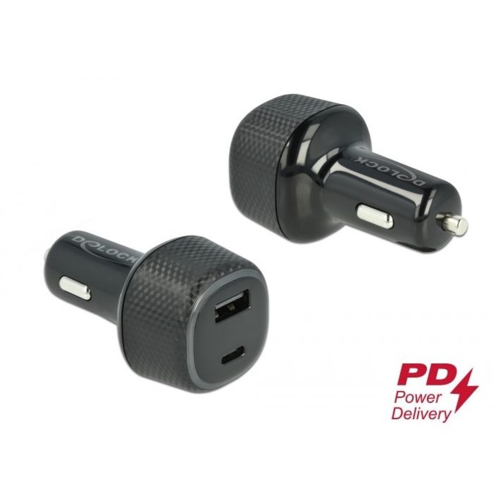 DeLock Car charger USB Type-C PD 3.0 and USB Type-A with 63W Black, 153669, Töltő