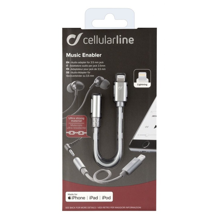Adaptor audio Cellularline, Lightning la Jack 3.5mm, Certificare MFI, Gri