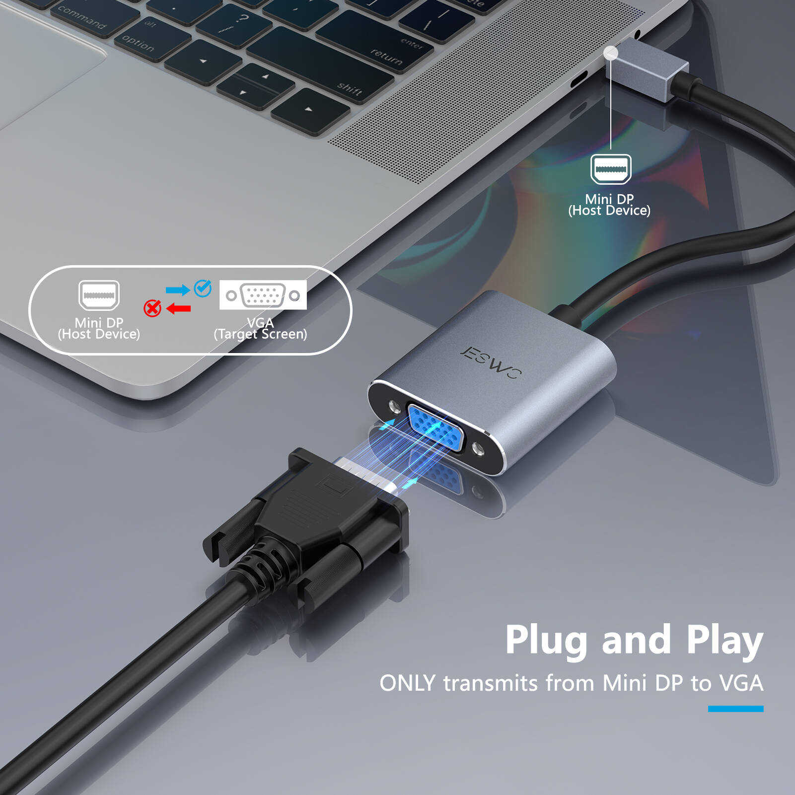 Адаптер за монитор, JESWO, Mini DisplayPort/VGA, 1080P, сребрист - eMAG.bg