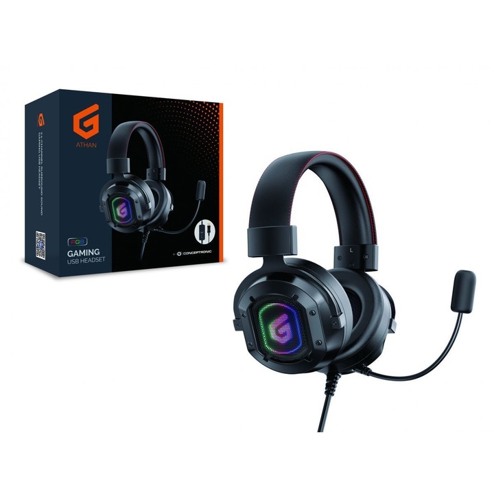 Conceptronic ATHAN02B RGB Gaming Headset Black, 197542, Mikrofon/Fülhallgató