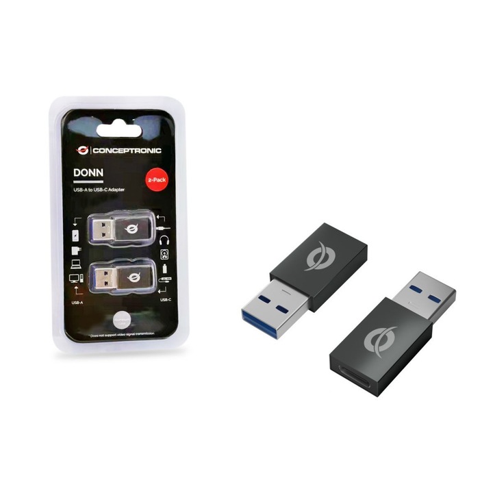 Set 2 adaptoare, Conceptronic, USB-A la USB-C, USB2.0, Negru