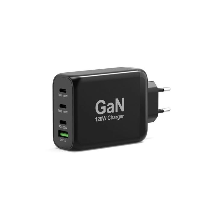 Port Designs 120W GaN Charger USB-C & USB-A Power Delivery and Quick Charge Black, 209410, Töltő