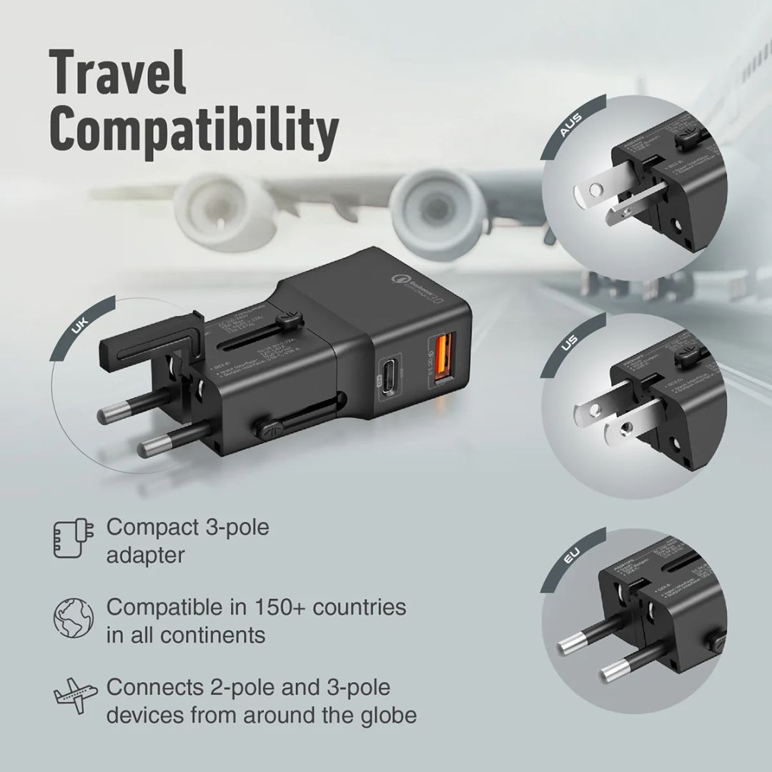 Promate TriPlug-PD20 Sleek Universal Travel Adapter w/ 20W Power ...