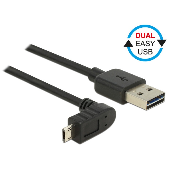 Delock Kábel, EASY-USB 2.0-s A-típusú csat. > EASY-USB 2.0-s Micro-B típusú csat.ívelt 0,5 m, fekete (DL-83849)