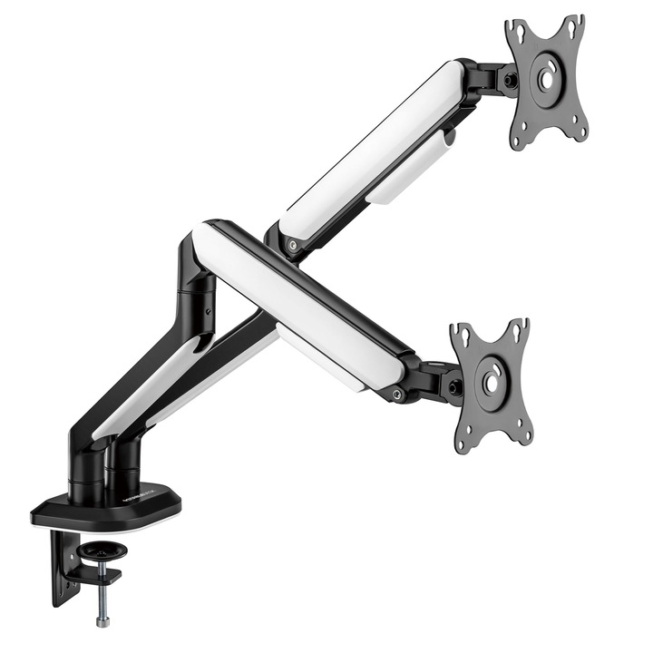 Стойка за 2 монитора 17-32" инча, Двоен регулируем ръка StableDesk, До 9 кг/екран, Организатор за кабели, Минималистичен стил за офис, гейминг, Закрепване с щипка/винт в плот, Черен