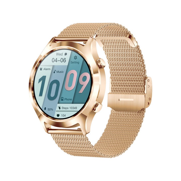 Смарт часовник NUBI KM18, Bluetooth разговор, Пулс, Калории, HD Дисплей, Дистанционна камера, Дистанционна музика, Нотификации, Ултратънък, Розово Злато