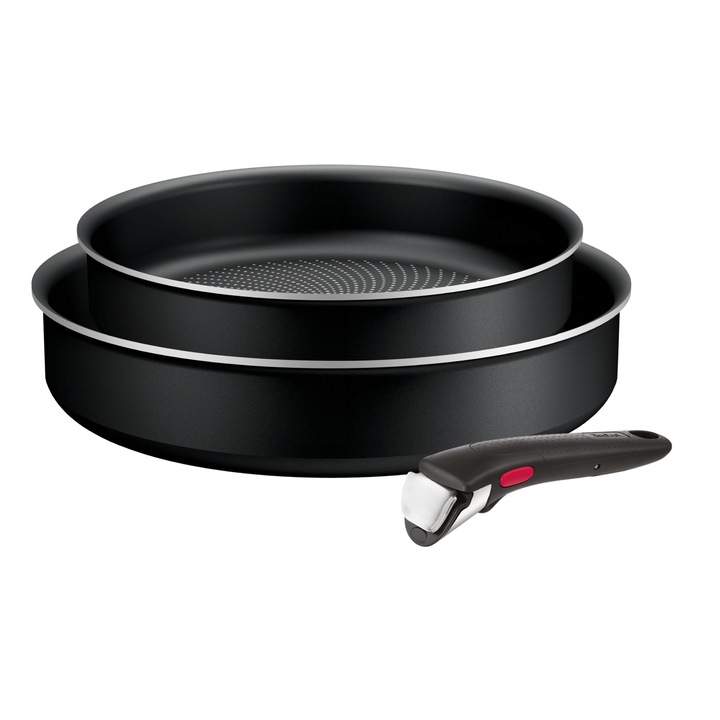 Set de 3 piese Ingenio Generous Cook, tigaie de 22/26 cm, maner detasabil, indicator Thermo Signal, invelis antiaderent Titanium, compatibil cu inductia, negru