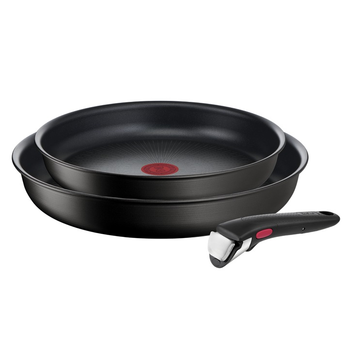 Комплект от 3 части Ingenio Eco Resist, тиган 24/28 cm, подвижна дръжка, незалепващо покритие Titanium Anti-Scratch, индикатор Thermo-Signal™, съвместим с индукция, черен