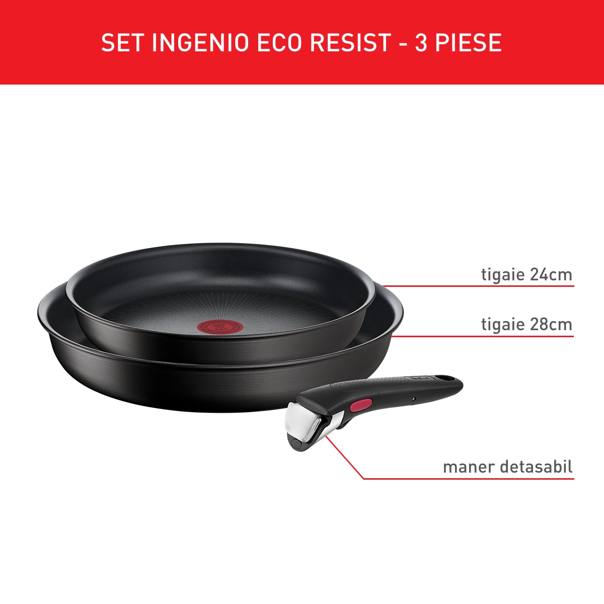 Set De 3 Piese Ingenio Eco Resist, Tigaie De 24/28 Cm, Maner Detasabil ...