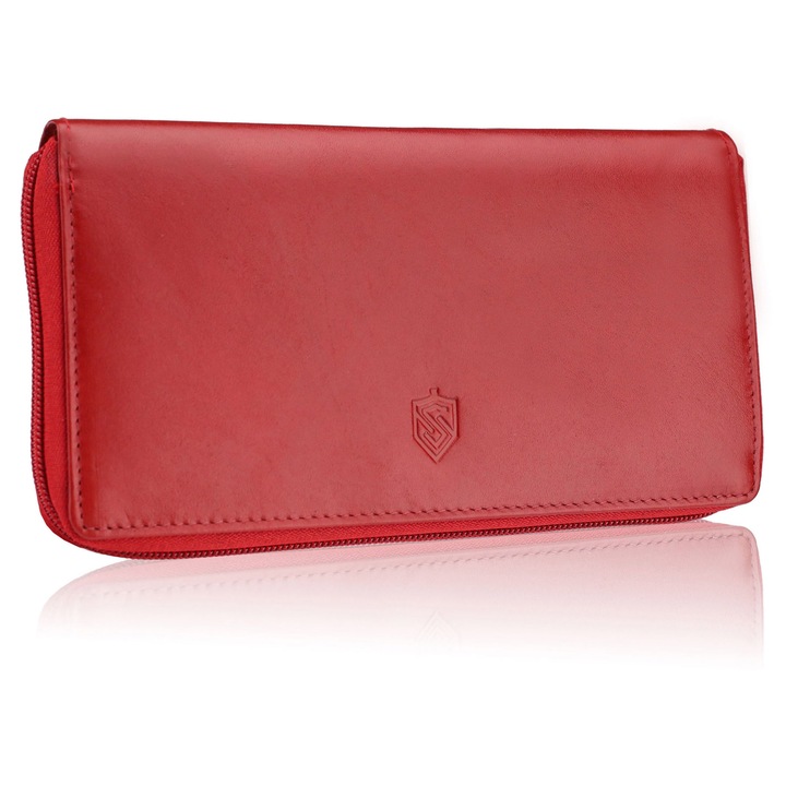Stevens, Portofel dama cu fermoar, piele naturala, securitate Rfid Block, Rosu, 8 Carte, Z02-mkd2-R Red