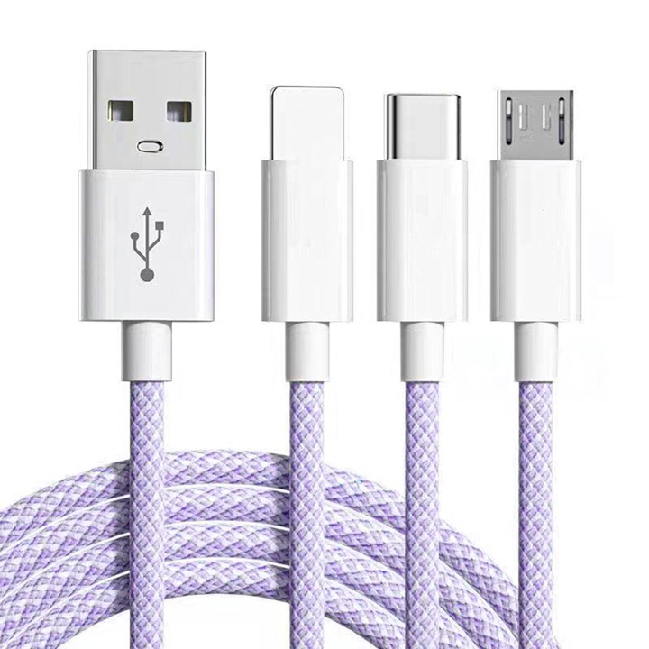 Töltőkábel 3 az 1-ben Timebox, 66W, gyors töltés, 1.2m, USB, USB-C, Lighting, kompatibilis iPhone, Samsung, Huawei, Mályvaszínű