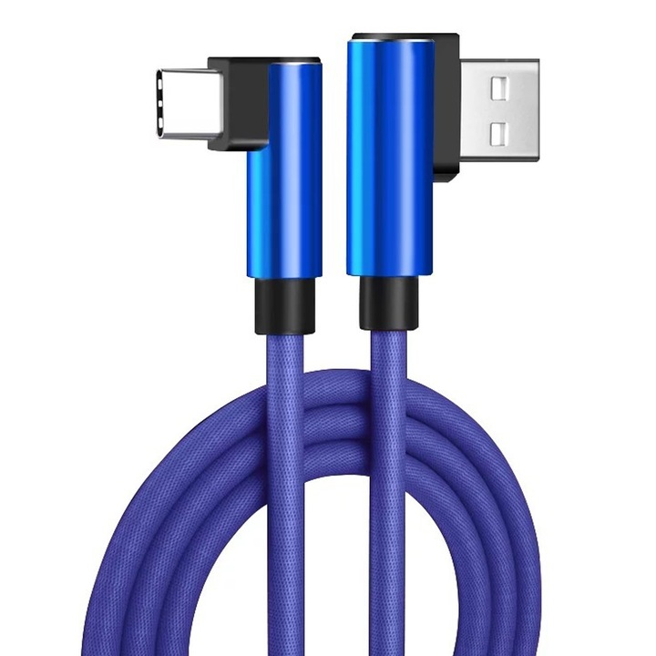 Кабел за данни и бързо зареждане Timebox, USB към Type-C, ъгъл 90 градуса, 3 м, Съвместим с iPhone 15/15 Pro, Samsung, Huawei, син