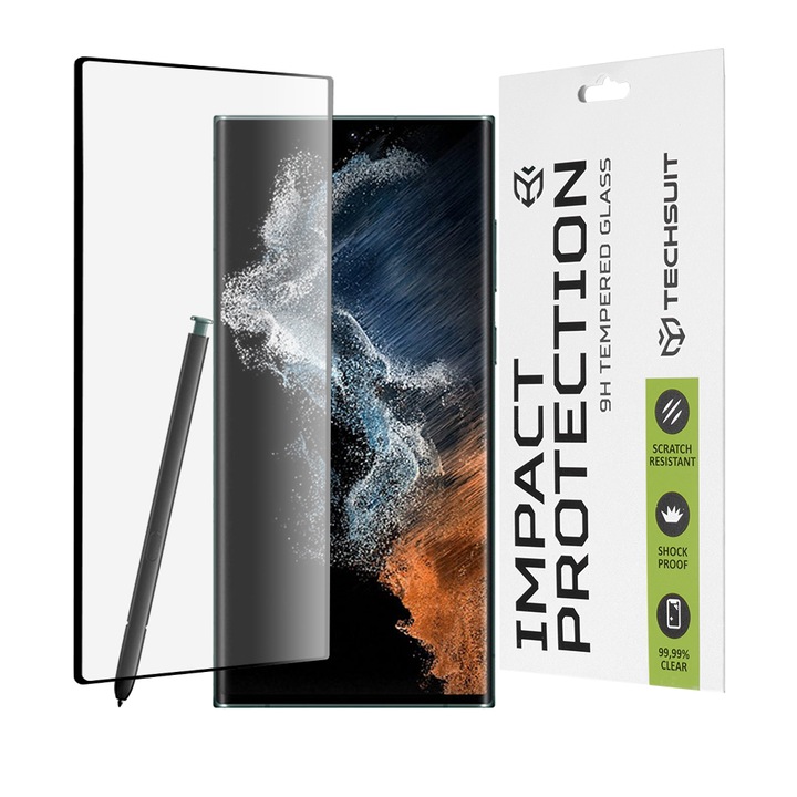 Fólia Samsung Galaxy S22 Ultra 5G telefonhoz, Techsuit 111D teljes borítás / teljes ragasztós üveg / 3D ívelt képernyő, fekete