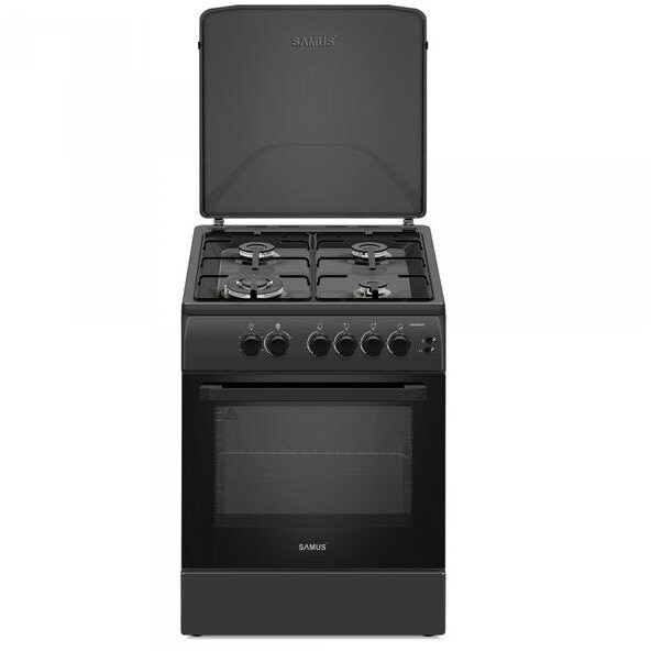 Aragaz Samus SM664BPGS, 4 arzatoare, 1 WOK, Cuptor gaz, Aprindere electrica, Siguranta plita si cuptor, Antracit