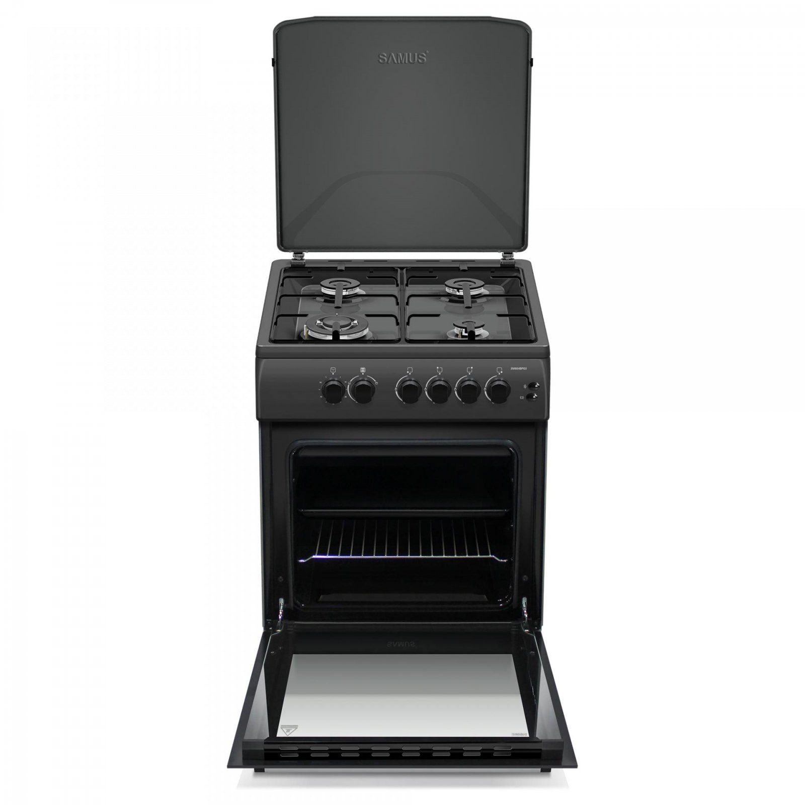 Aragaz Samus SM664BPGS, 4 arzatoare, 1 WOK, Cuptor gaz, Aprindere electrica, Siguranta plita si cuptor, Antracit