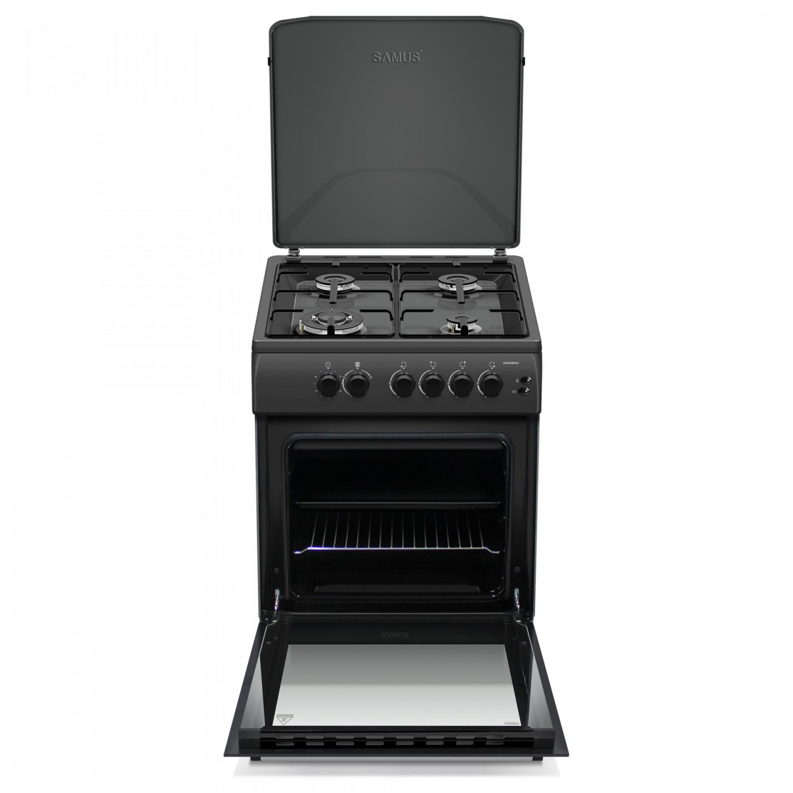 Aragaz Samus SM664BPGS, 4 arzatoare, 1 WOK, Cuptor gaz, Aprindere electrica, Siguranta plita si cuptor, Antracit